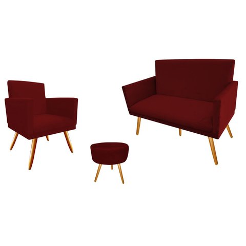 Kit Namoradeira + 1 Poltrona Decorativa Nina + Puff Redondo Suede Marsala Pés Madeira Mz Decor