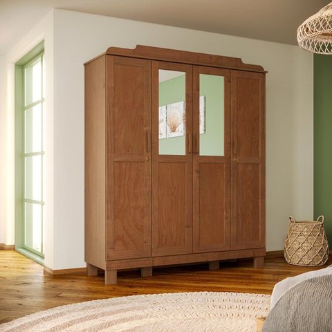 Guarda-Roupa 4 Portas com Espelho sem Aplique Estrutura em Madeira Cobre Marrom/Castanho