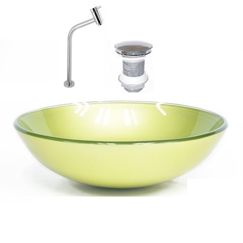 CUBA DE VIDRO REDONDA 42CM VERDE OLIVA + VALVULA + TORNEIRA CROMADA
