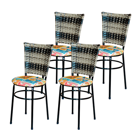 Kit 4 Cadeiras Preta para Cozinha Hawai Cappuccino Premium com Assento Estampado:happy Hour