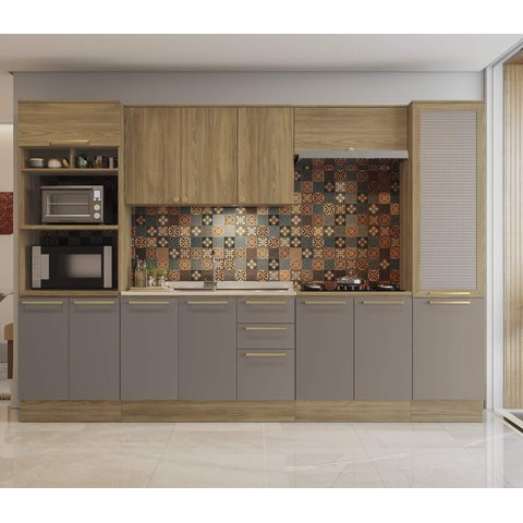 Armário de Cozinha Modulada Completa Reta 7 Peças 3,20m 250 Botanic Kappesberg - Nogueira/fendi