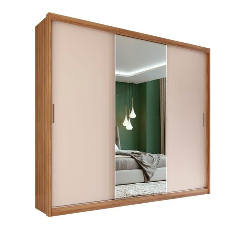 Guarda Roupa Casal Aurora 3 Portas Correr 4 Gavetas MDF Espelho Amêndola Touch- Off White Demóbile