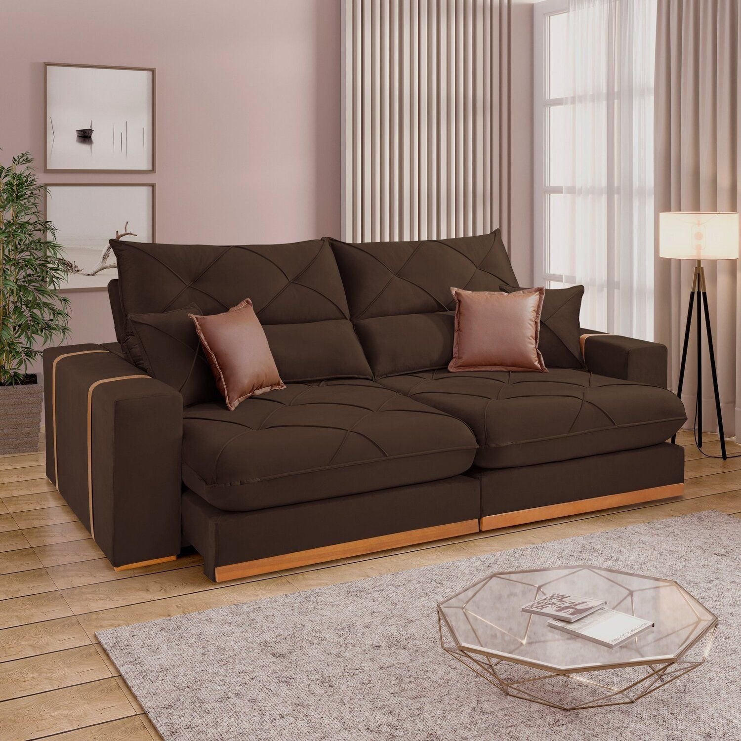 Sofá Retrátil e Reclínavel 4 Lugares Veludo Marrom Zara 250cm