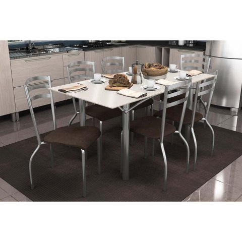 Sala de Jantar Completa Elba Tampo Madeirado C/ Vidro 160cm e 6 Cadeiras Portugal Cromada/off White