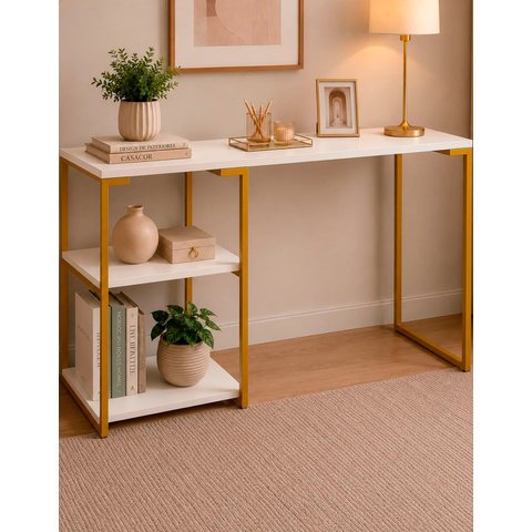 Mesa de Apoio Escrivaninha com Estante Prateleira Nic 900 mm Cor:Dourado/Branco