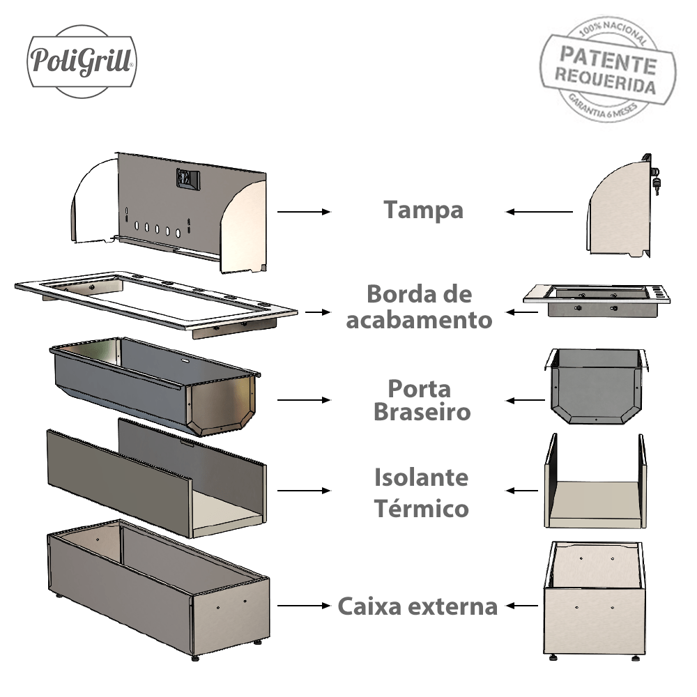 Churrasqueira de Embutir Gourmet Inox a Carvão c/ Grelha Argentina  PoliGrill G5EBIC