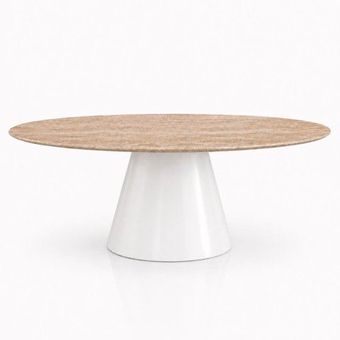 Mesa de Jantar Cone Oval 120x80 cm Tampo Mármore Travertino Base Laca Branca