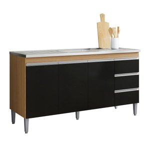 Balcão Gabinete de Pia Andréia 160cm Amêndoa/preto S/ Tampo - Ajl Móveis