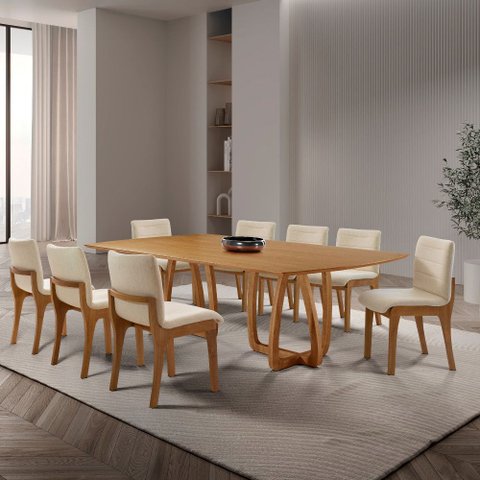 Sala de Jantar Mesa Flora 220cm Tampo Laminado Barril com 8 Cadeiras Bella