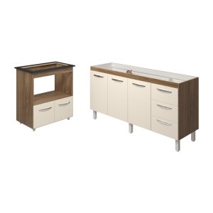 Balcão Cozinha Armário Gabinete de Pia 160 Cm Estela e Balcão para Fogão Cooktop 5 Bocas Evelyn Sava