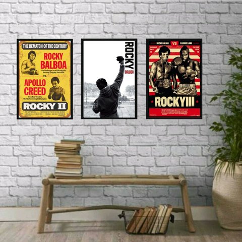 Kit 3 Quadros Decorativos Rocky Balboa lutas 24x18cm - com Vidro:madeira Preta