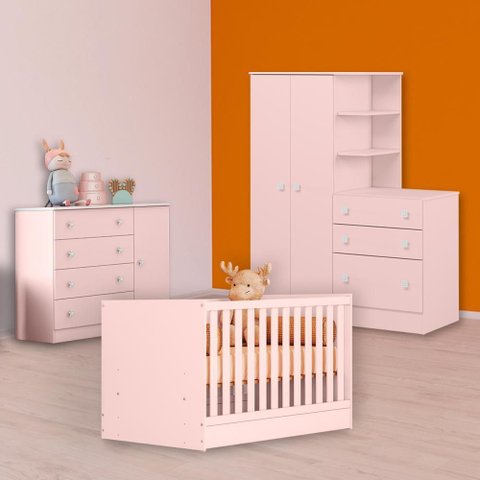 Conjunto Berço Mini Cama, Cômoda Sapateira e Guarda Roupa C/ Cômoda Rosa