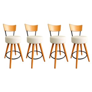 Kit 4 Banqueta Alta Cozinha Estofada Off-white com Encosto Madeira Urban