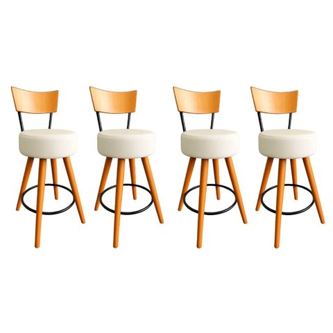 Kit 4 Banqueta Alta Cozinha Estofada Off-white com Encosto Madeira Urban