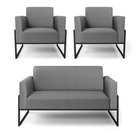 Sofá Namoradeira com 2 Poltronas Base Industrial Alta Preto Marisa Linho Grafite A26 D03 - D\'rossi