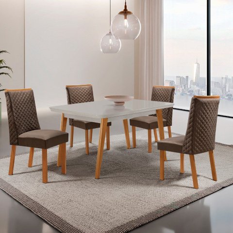 Mesa de Jantar Copper 120cm Tampo MDF Vidro Canto Copo com 4 Cadeiras Yasmin