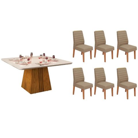 Conjunto: Mesa Sala Jantar Itália C/ Tampo Madeirado C/ Vidro Curvo 136x136cm e 6 Cadeiras Ondina