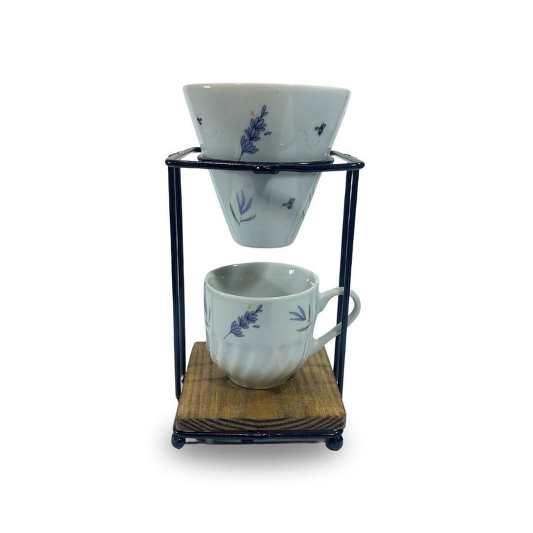 Kit Coador Porcelana C/ Suporte Ferro e Caneca 250ml - Lavanda Kit Coador Porcelana C/ Suporte Ferro e Caneca 250ml - Lavanda