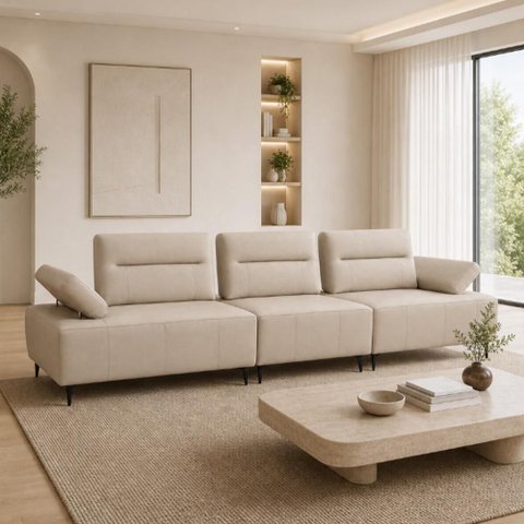 Sofá 5 Lugares para Sala Living 351cm Modular Pés Industrial Oslo L06 Couro Bege Areia - Lyam