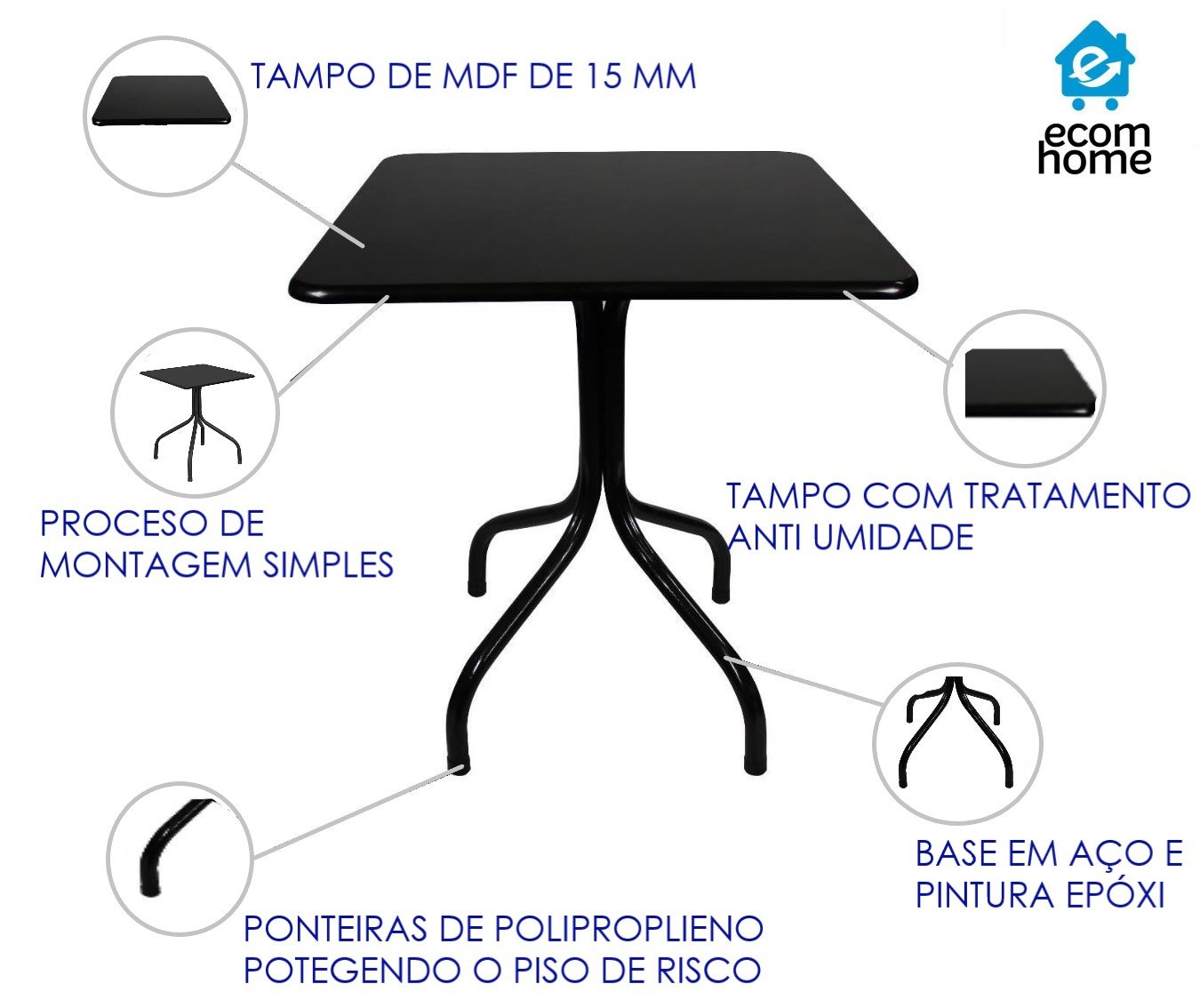 Jogo Mesa 70x70 Preta para Sorveterias e Restaurantes com 4 Cadeiras Iso Azul - 2