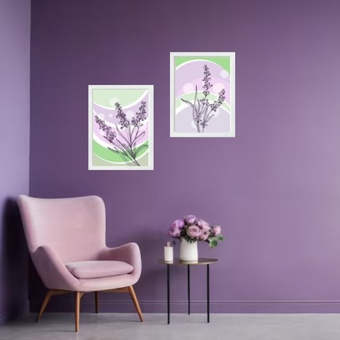Kit 2 Quadros Arte Lavanda Lilás e Verde 24x18cm - com Vidro:moldura Preta