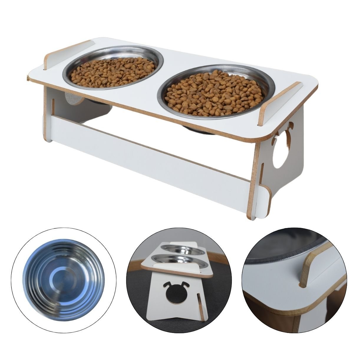 Comedouro Cachorro Elevado Duplo Pet Tigela Ração Inox Saudável - Branco - 1