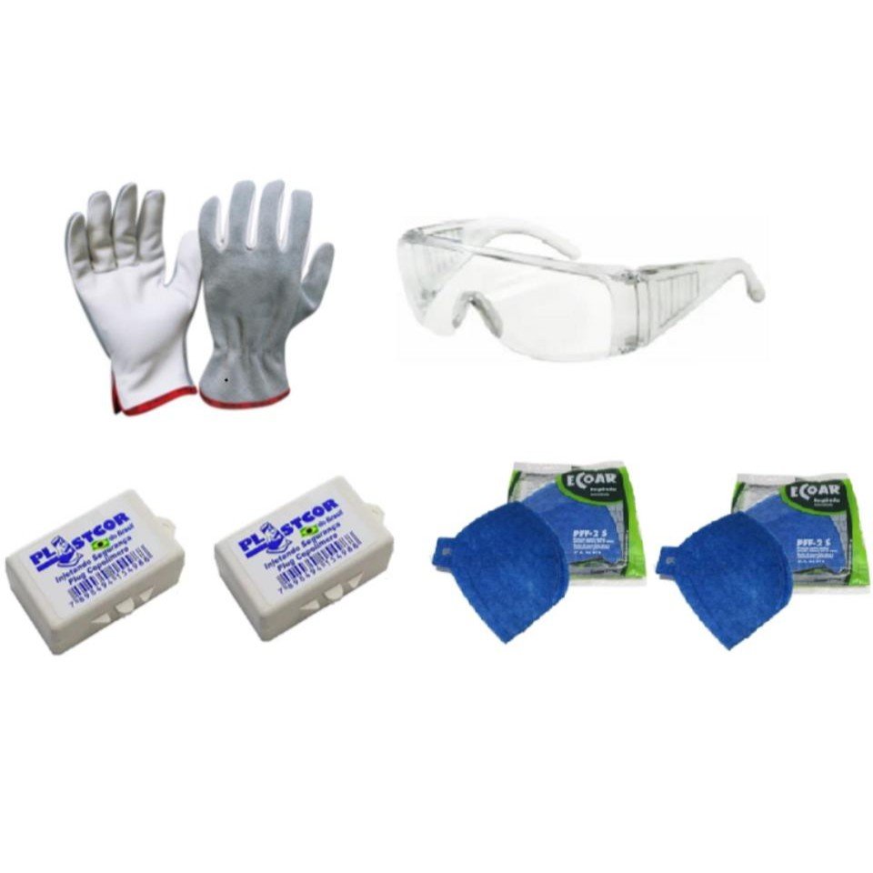 1 Luva Raspa e Vaqueta 1 Óculos de Proteção 2 Protetores Auditivos e 2 Respiradores Ecoar - Kit EPI - 1