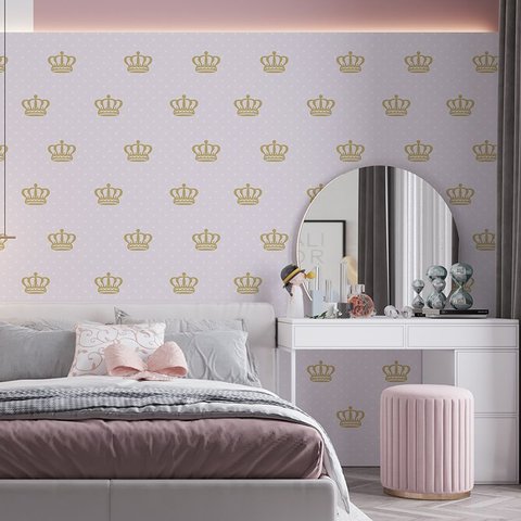 Papel de Parede Adesivo Baby Rosa Coroa Dourada - 2,8m