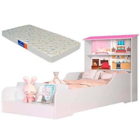 Cama Casinha Infantil Princesa com Prateleiras Grade de Proteção e Colchão Branco