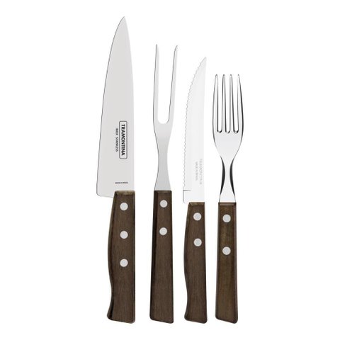 Jogo de Talheres para Churrasco Tramontina em Aço Inox com Cabo de Madeira Natural 14 Peças