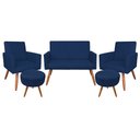 Ver imagem 1 de Kit Namoradeira 2 Poltronas e 2 Puffs Redondo Nina Suede Azul Marinho Pés Palito Castanho -