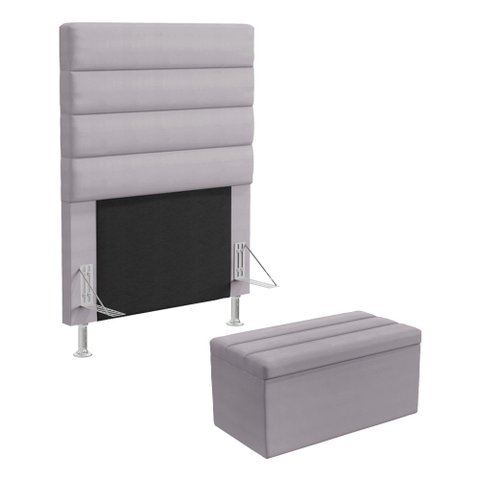Cabeceira Atlas e Calçadeira Baú Ursa 90 para Cama de Solteiro N-023 Veludo Cinza Claro Aradecor
