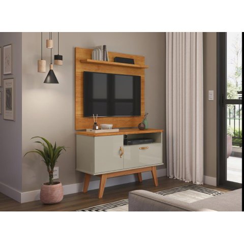 Rack + Painel Si 90cm Estilo Retrô para Tv até 32'' Polegadas Cor Cinamomo / Off White Pt