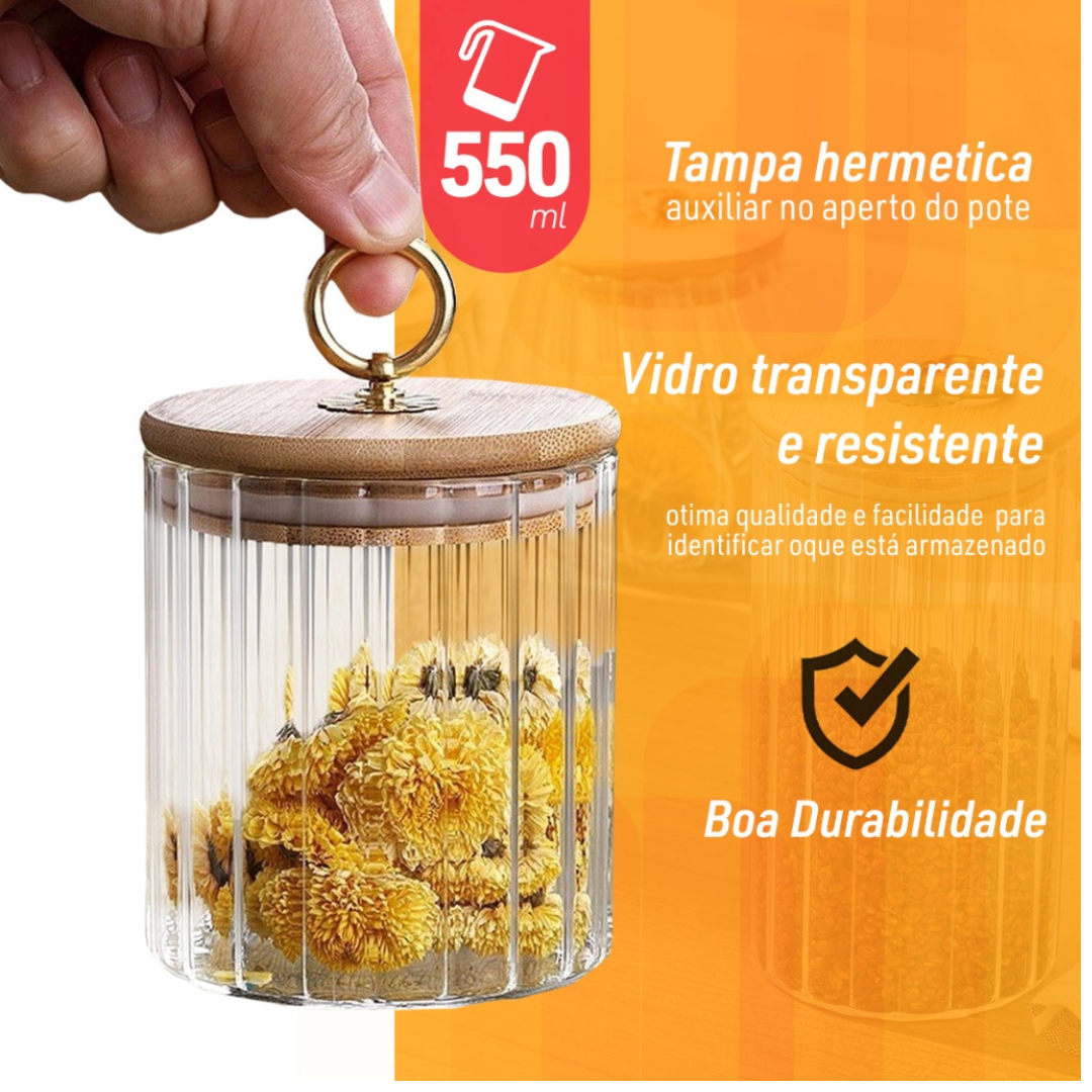 Pote de Vidro Tampa Bambu Riscas 550ml - 2