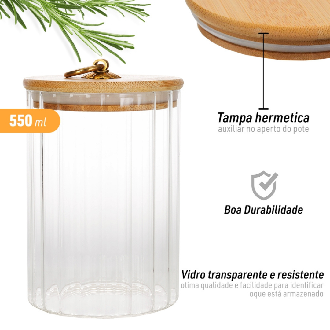 Pote de Vidro Tampa Bambu Riscas 550ml - 4