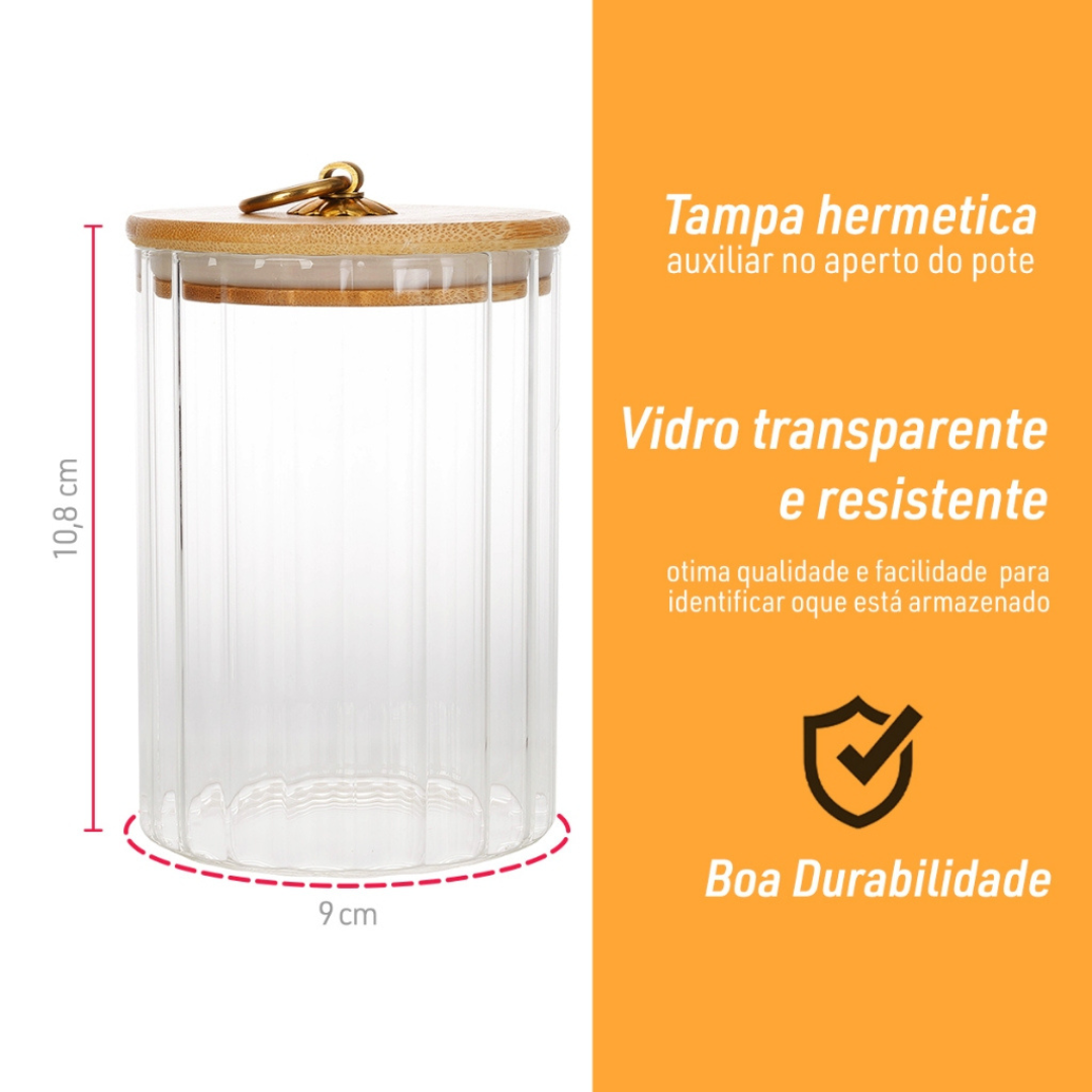 Pote de Vidro Tampa Bambu Riscas 550ml - 3