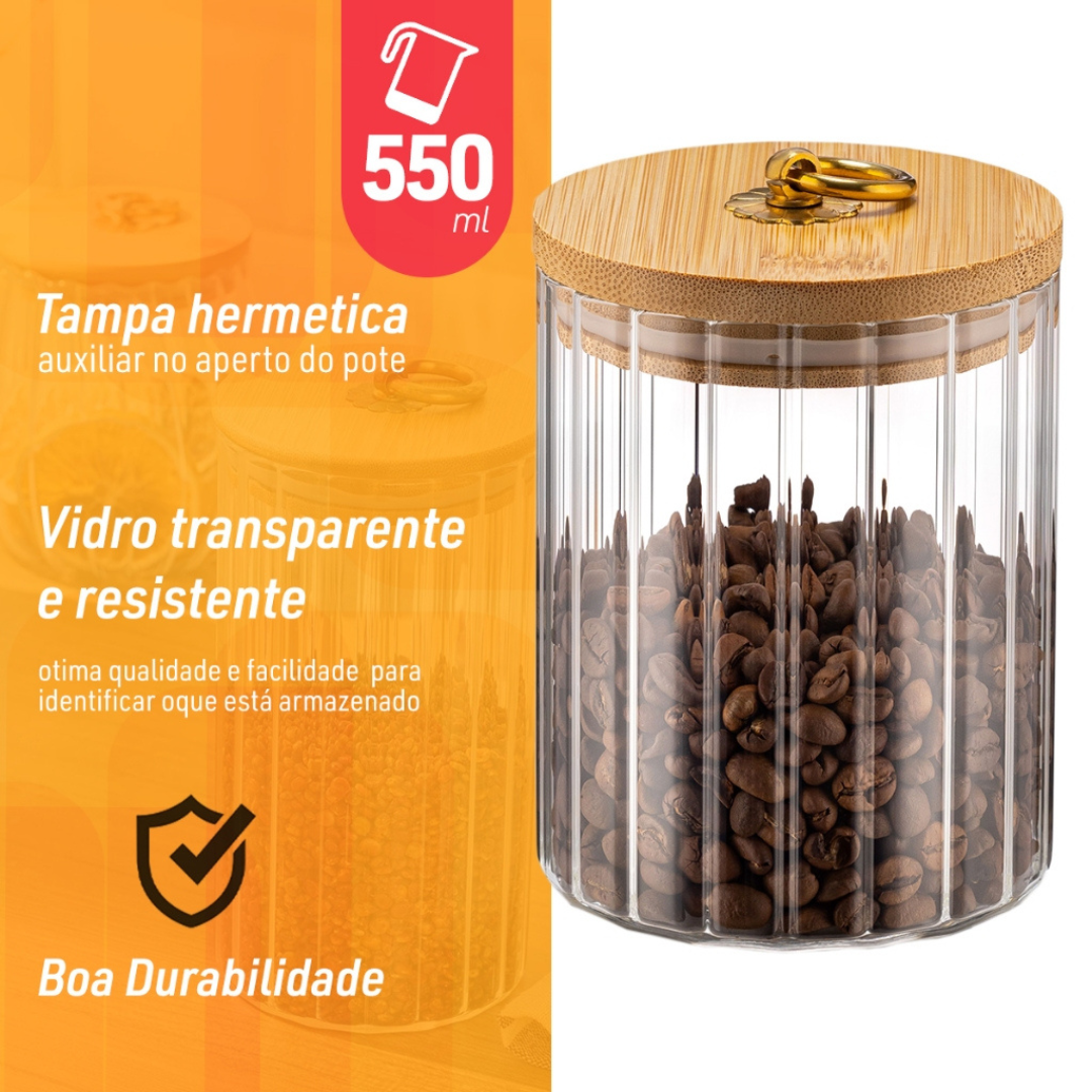 Pote de Vidro Tampa Bambu Riscas 550ml - 5