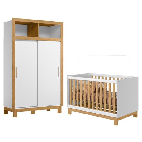 Berço Mini Cama 4315 Slim com Colchão e Roupeiro com Portas de Correr 5085 Flora Branco Freijó Qmovi
