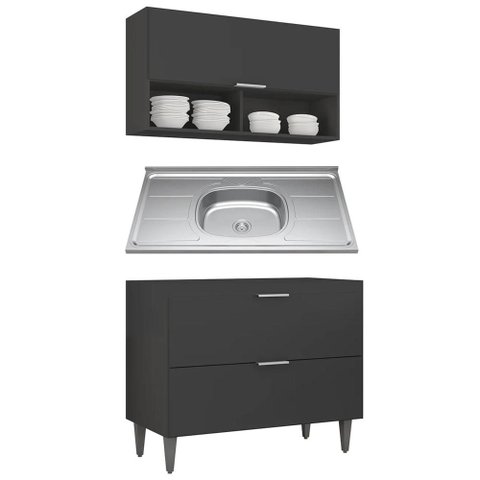 Armário de Cozinha CP01 com Pia 100cm Pérola Z34 Preto - Mpozenato