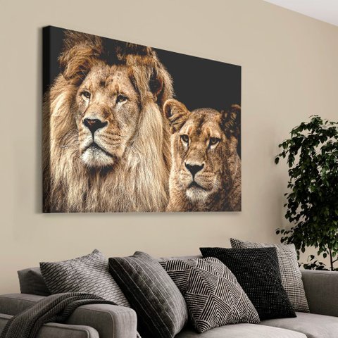 Quadro Decorativo em Canvas Casal de Leões TaColado Moldura Flutuante 4,5cm Freijó 120 x 80cm