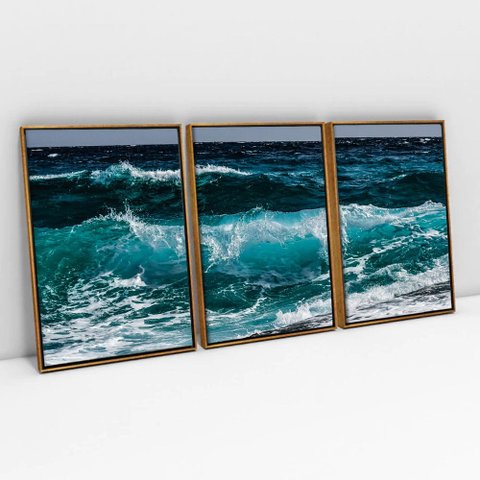 Kit Quadro Decorativo 3 Telas Canvas As Ondas Tacolado Moldura Flutuante 4,5cm Freijó 80 X 120cm
