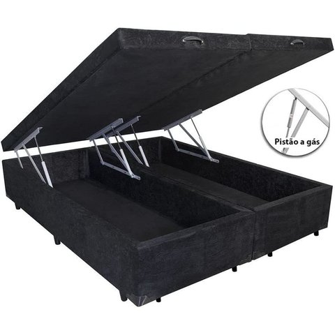 Cama Box Baú Casal Bipartido Suede Preto com Pistões a Gás