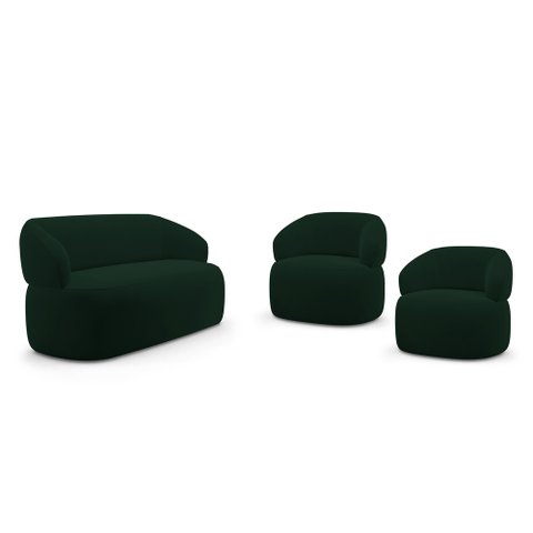 Kit 02 Poltronas Giratória e 01 Sofá Orgânico Glee 03 Lugares 170cm Veludo Verde Escuro - Desk Desig