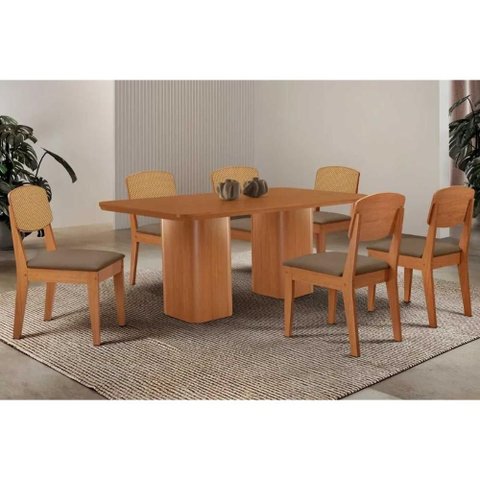 Sala de Jantar Completa Maldivas C/ Tampo Madeirado Canto Curvo 180x90cm e 6 Cadeiras Havana Premium