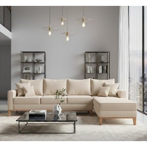 Sofá Beny com Chaise Direita, 2,60x1,40m, 4 Lugares, Linho, Base em Madeira.