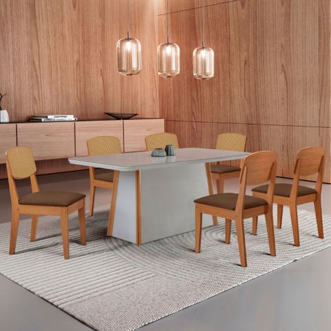 Mesa de Jantar Diane 180cm Tampo Mdf Vidro com 6 Cadeiras Copper Premium Moderna Mobília