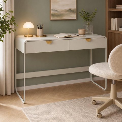 Mesa Escrivaninha Industrial Home Office 2 Gavetas 125cm Alek A03 Off White - Lyam Decor
