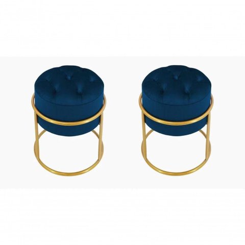 Kit 2 Puff Banqueta Estofado Decorativo Base de Ferro Capitonê Suede Azul Marinho do Lar Móveis e