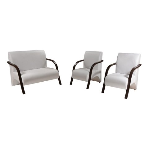Conjunto Sevilha Namoradeira + 2 Poltronas Decorativa Braço De Madeira Recepção Sala - Corino Branco