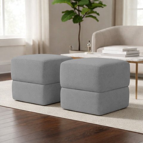 Kit 2 Puffs Decorativos Aloy Bouclé Premium Assento Extra para Sala Quarto Design Moderno Cinza